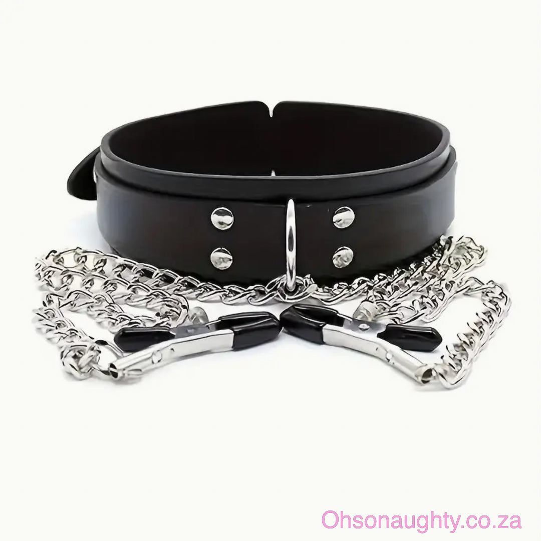 PU Leather BDSM Choker with Adjustable Nipple Clamps - 52cm Oh So Naughty