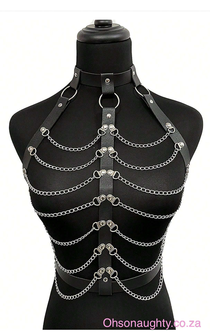 Women's Sexy & Fashionable Body Harness Bra With Black Leather And Metal Chain Oh So Naughty
