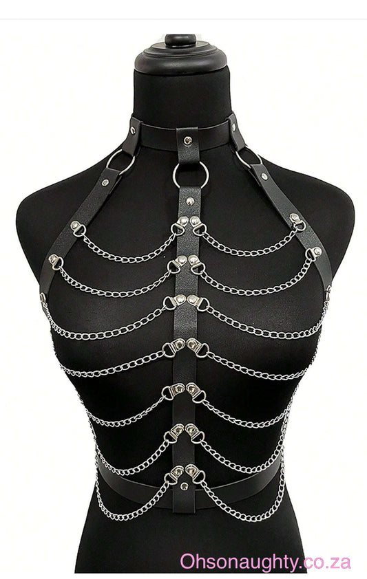 Women's Sexy & Fashionable Body Harness Bra With Black Leather And Metal Chain Oh So Naughty