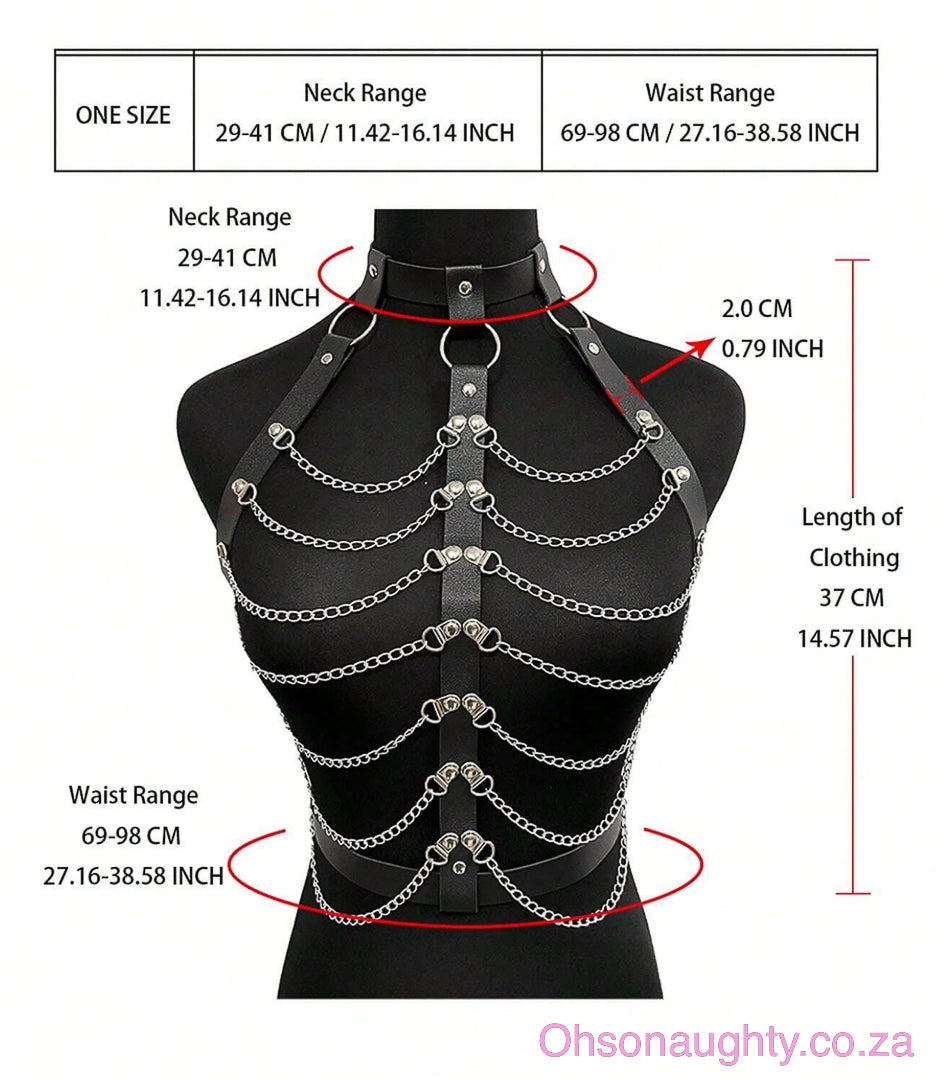 Women's Sexy & Fashionable Body Harness Bra With Black Leather And Metal Chain Oh So Naughty