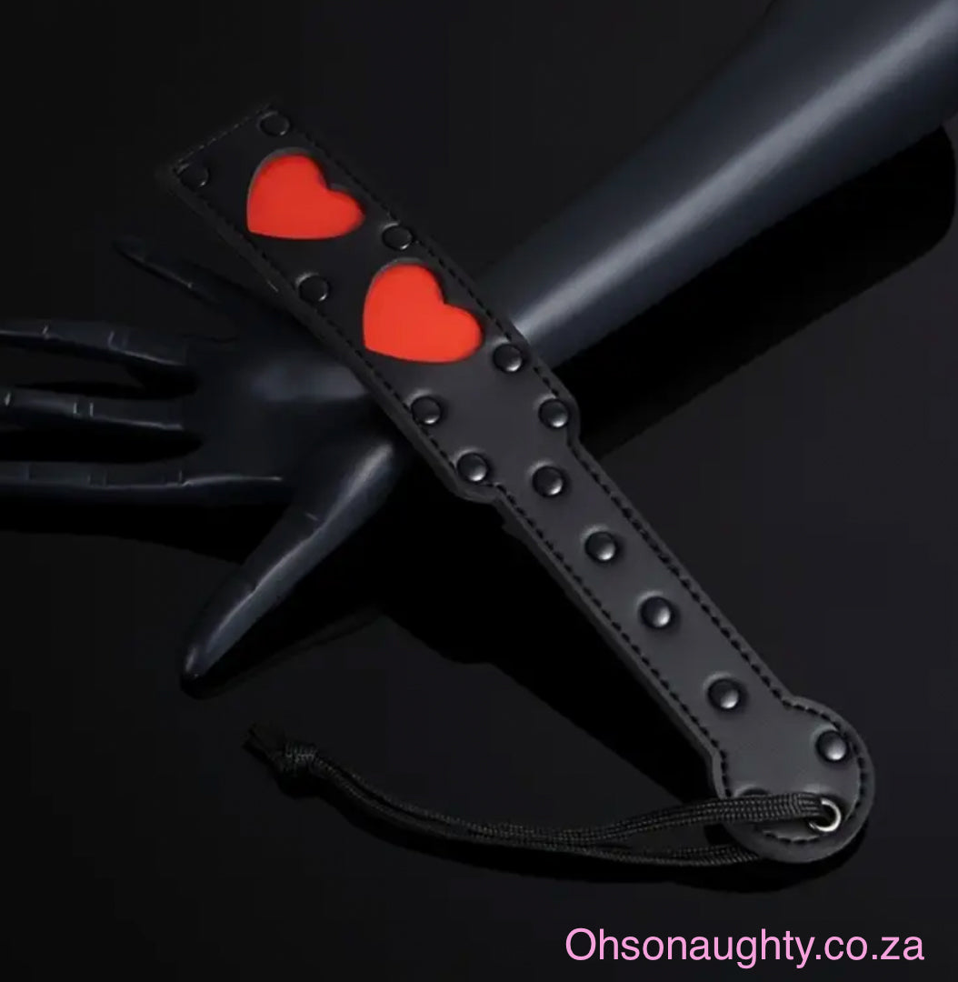 Durable Leather Spanking Paddle with Heart Accents and Wrist Strap Oh So Naughty