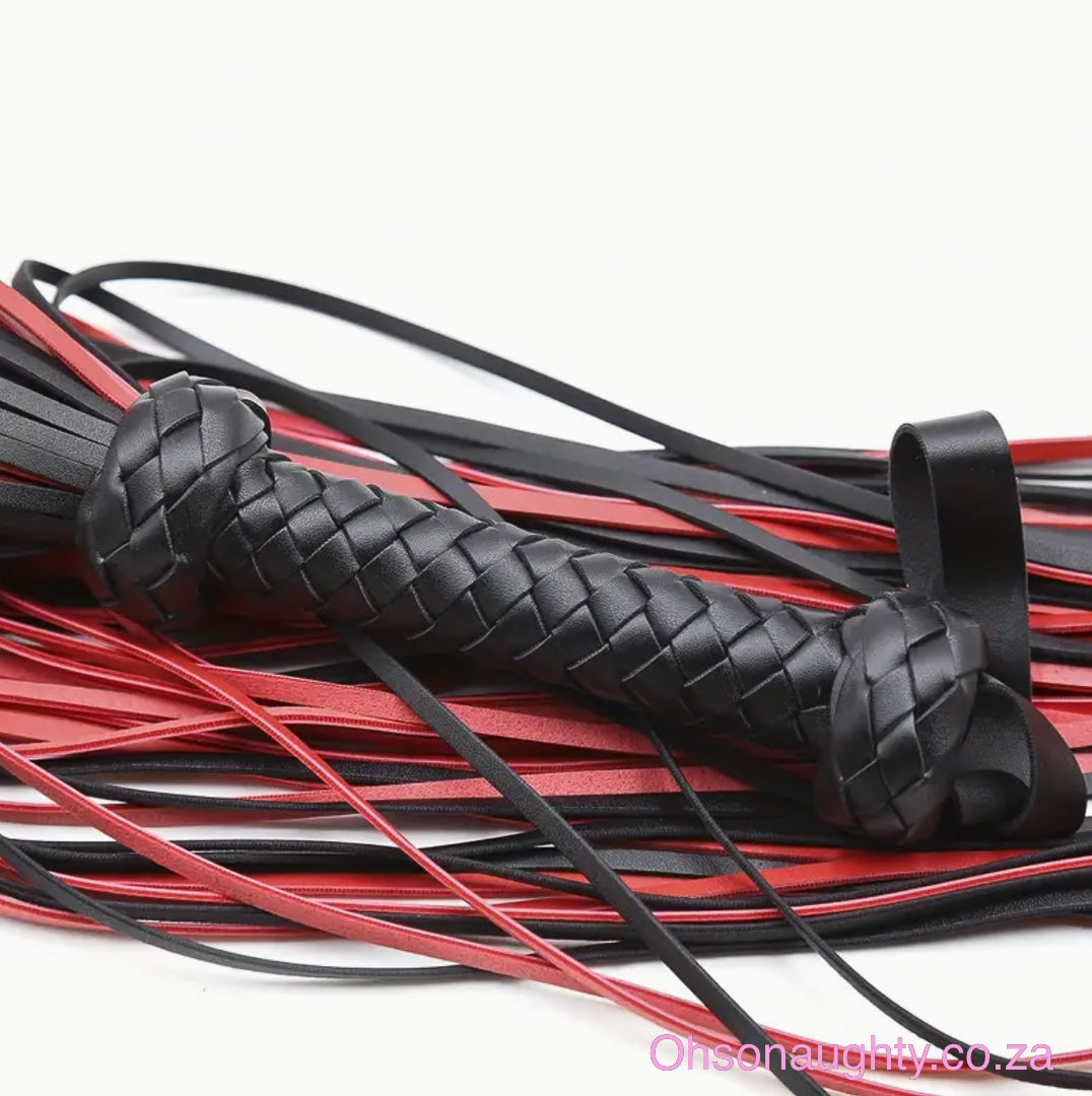 Luxurious Pu Leather Flogger - Seductive Black Red Design Oh So Naughty