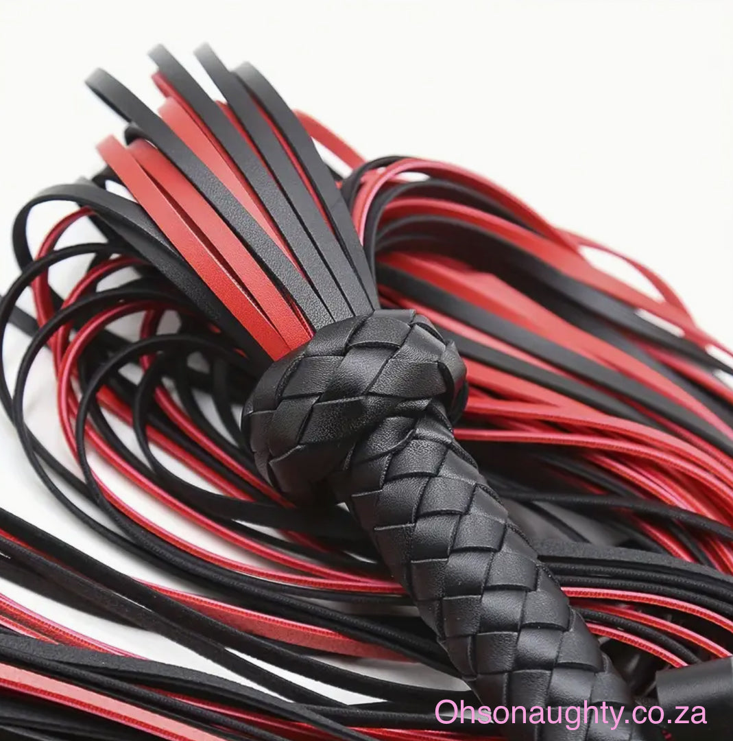 Luxurious Pu Leather Flogger - Seductive Black Red Design Oh So Naughty