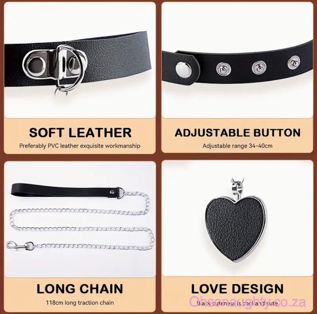 Faux Leather love collar+ metal chain Oh So Naughty