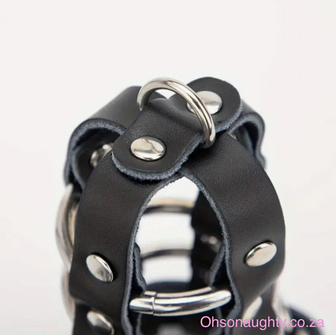 Men's BDSM Chastity Belt, Black Leather, Adjustable, with Lock and Key Oh So Naughty