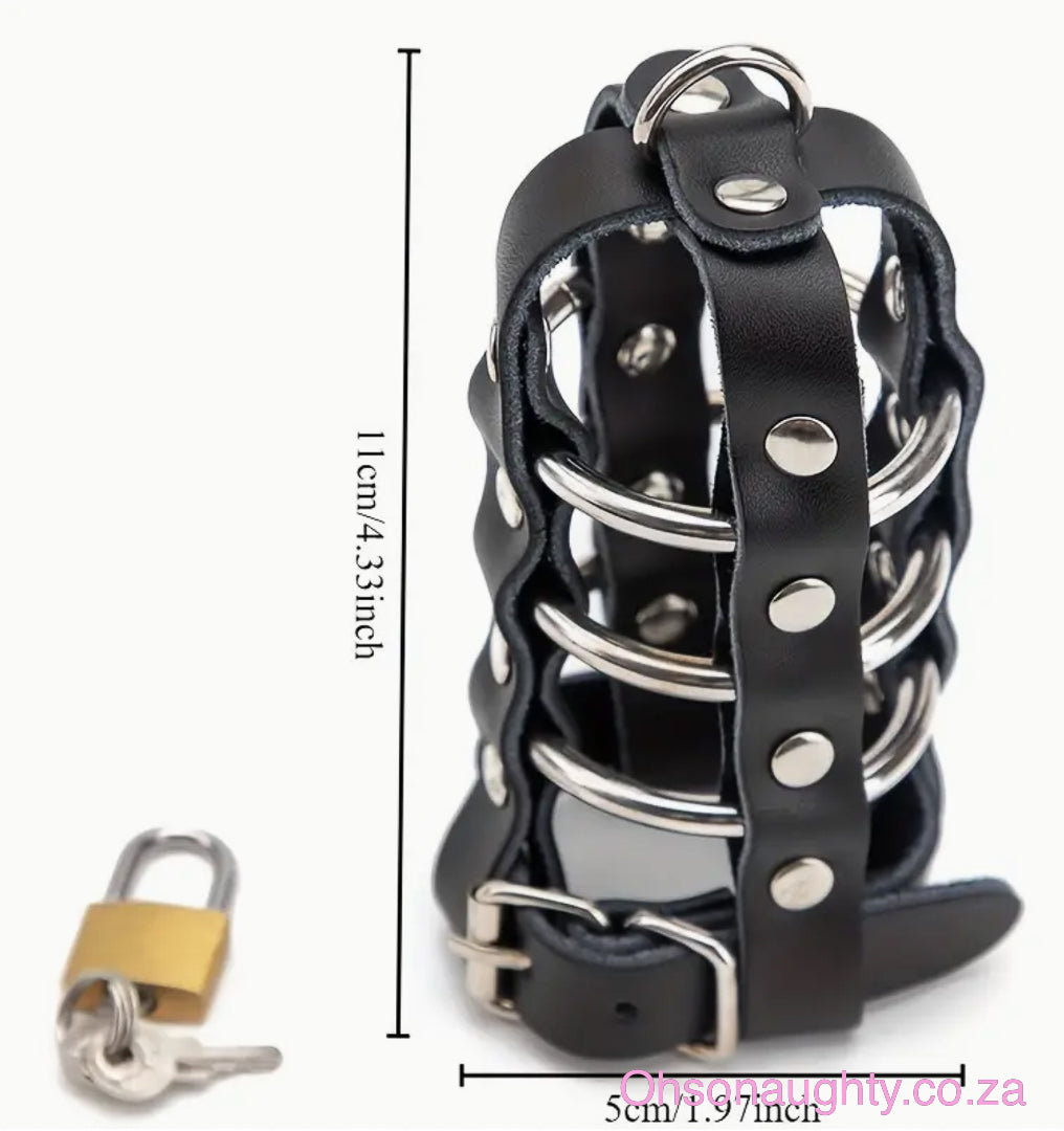 Men's BDSM Chastity Belt, Black Leather, Adjustable, with Lock and Key Oh So Naughty