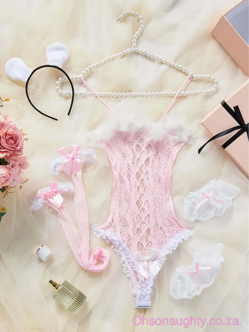 Sexy Pink Lingerie Includes Headband, Clothes, Bracelet, Fishnet Stockings Oh So Naughty