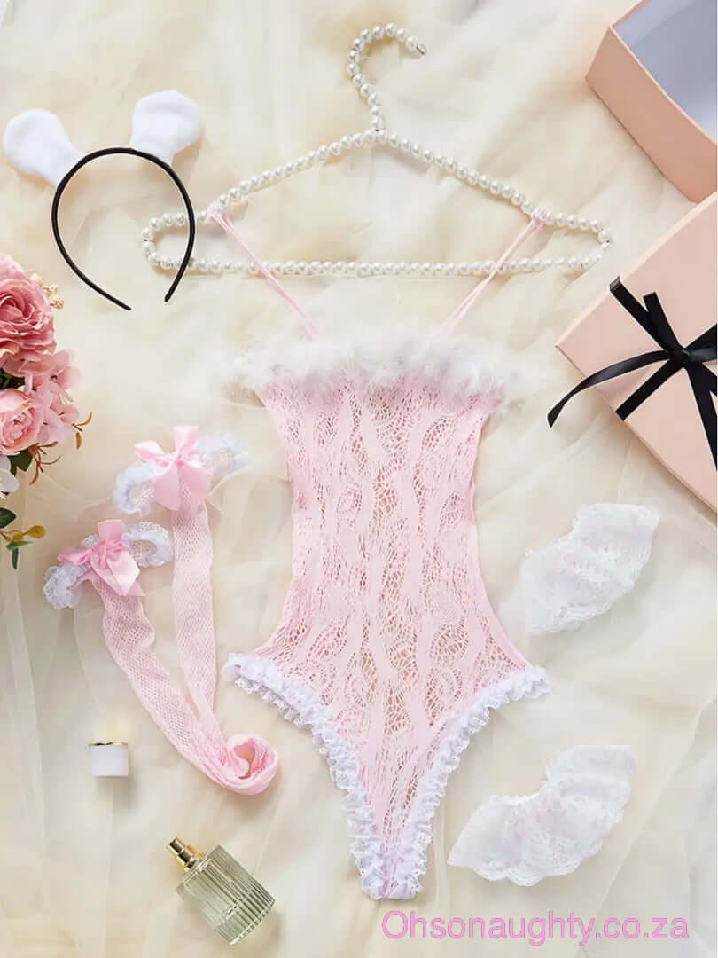 Sexy Pink Lingerie Includes Headband, Clothes, Bracelet, Fishnet Stockings Oh So Naughty