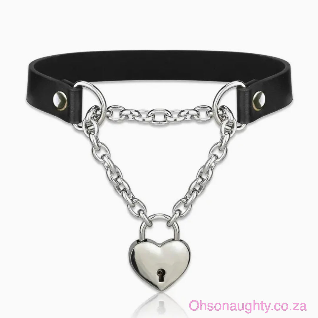 Sexy Black PU Leather Choker with Heart Lock Pendant Oh So Naughty
