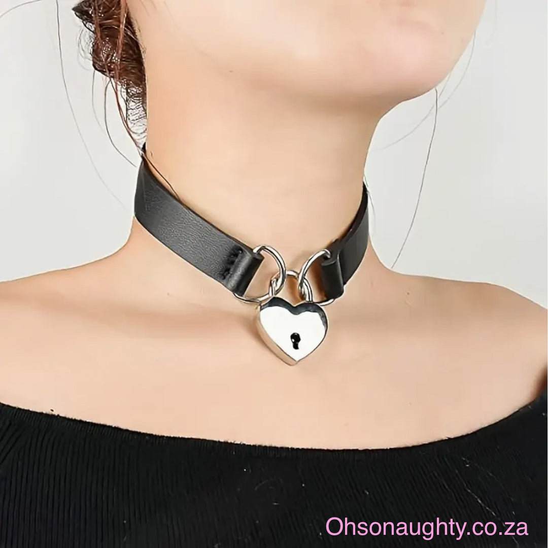 Sexy Black PU Leather Choker with Heart Lock Pendant Oh So Naughty