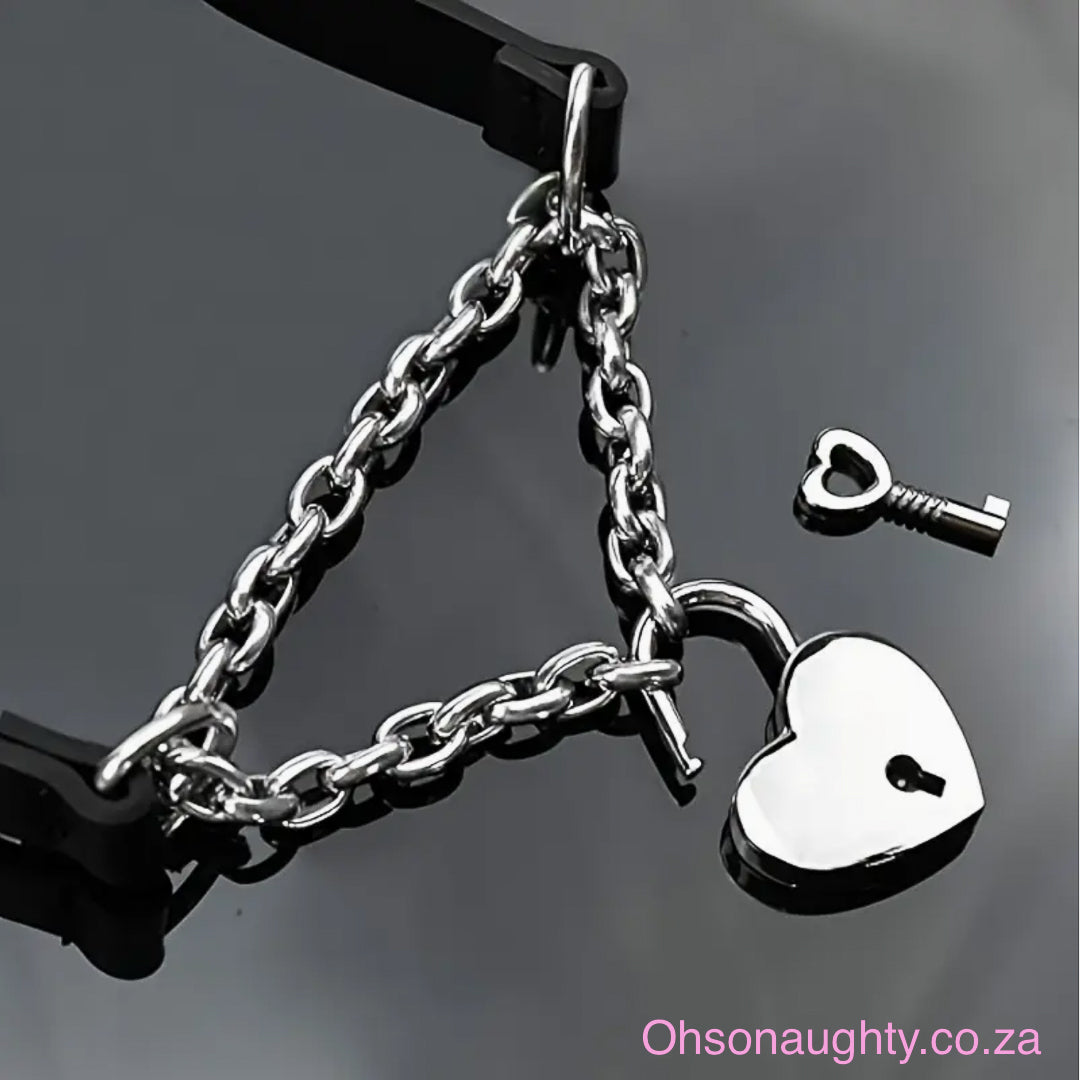 Sexy Black PU Leather Choker with Heart Lock Pendant Oh So Naughty