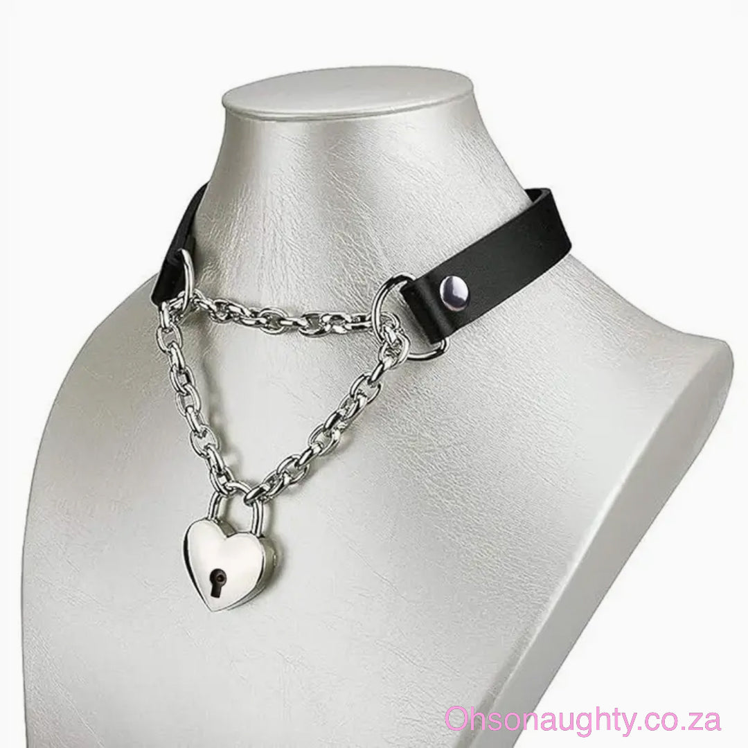 Sexy Black PU Leather Choker with Heart Lock Pendant Oh So Naughty