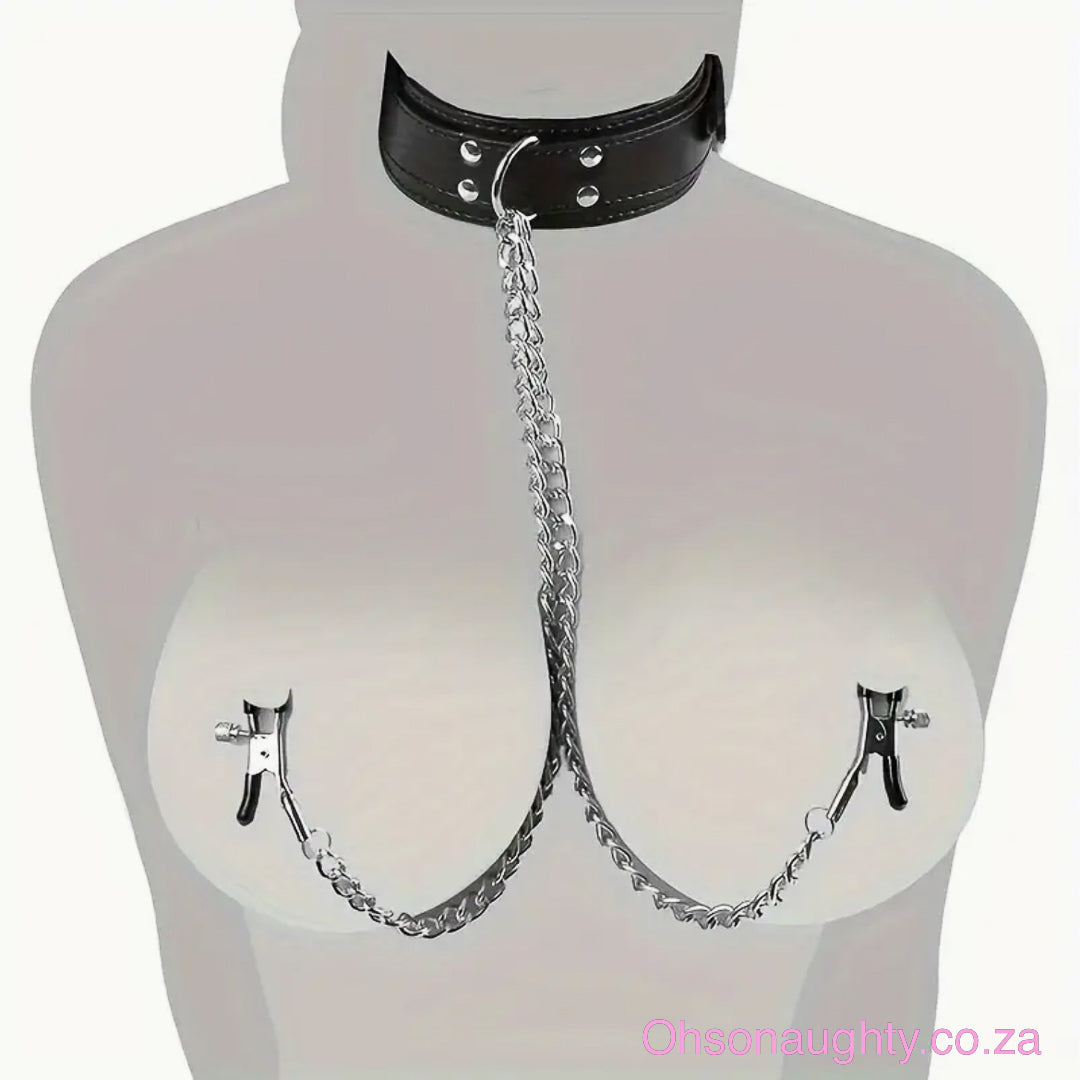 PU Leather BDSM Choker with Adjustable Nipple Clamps - 52cm Oh So Naughty