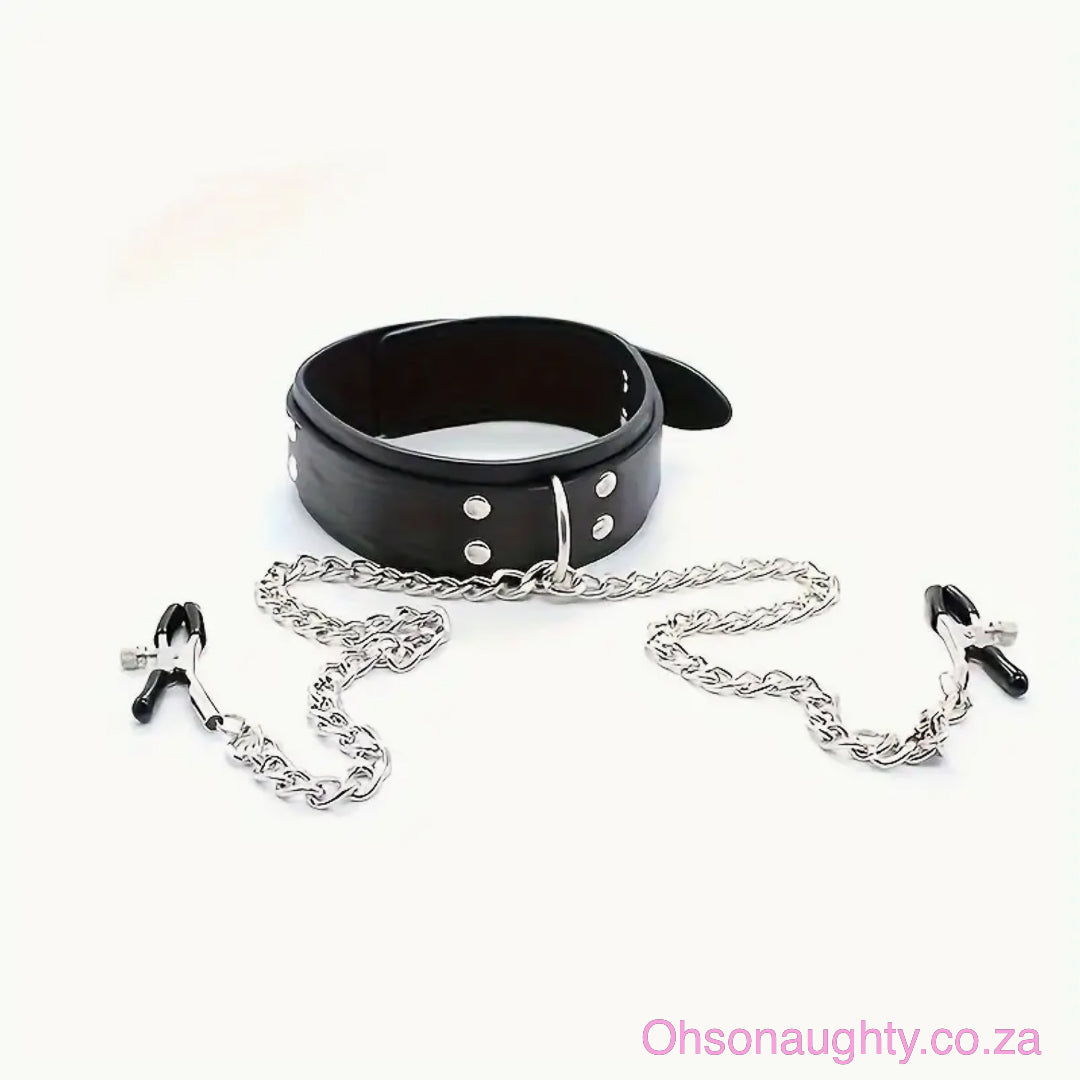 PU Leather BDSM Choker with Adjustable Nipple Clamps - 52cm Oh So Naughty