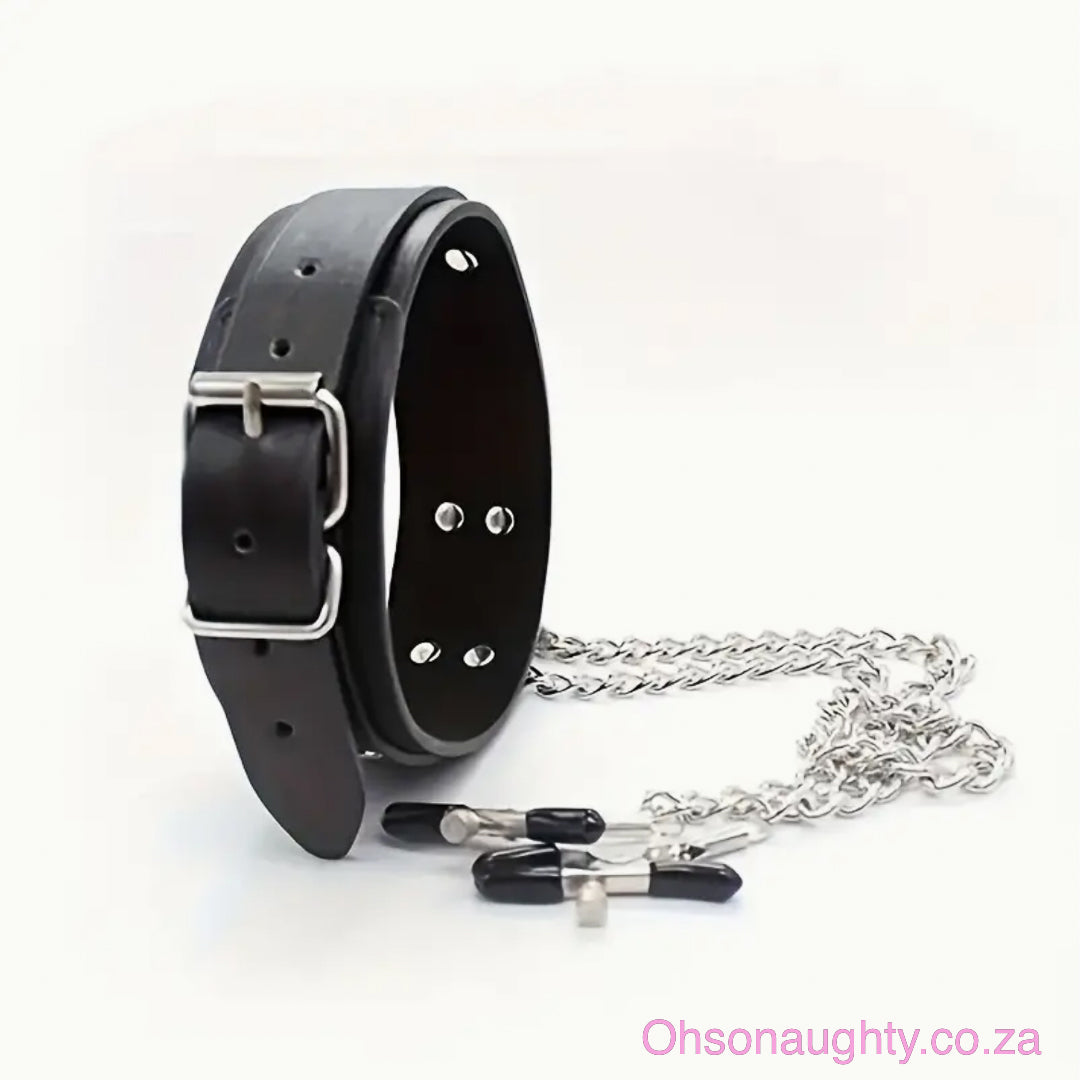 PU Leather BDSM Choker with Adjustable Nipple Clamps - 52cm Oh So Naughty