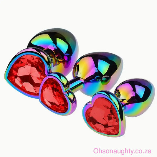 Heart Shaped Rainbow Steel Anal Plug with Red Stone Oh So Naughty