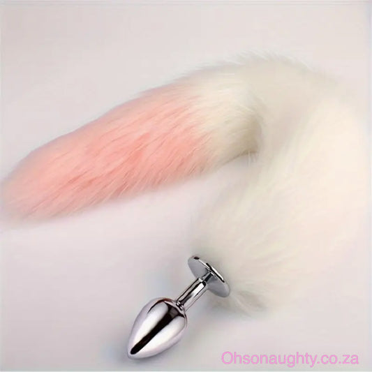 Fluffy Fox Tail - Metal Anal Plug White pink Oh So Naughty