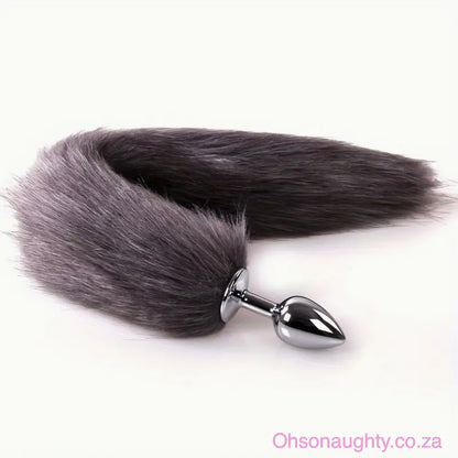 Fluffy Fox Tail - Metal Anal Plug Gray Oh So Naughty