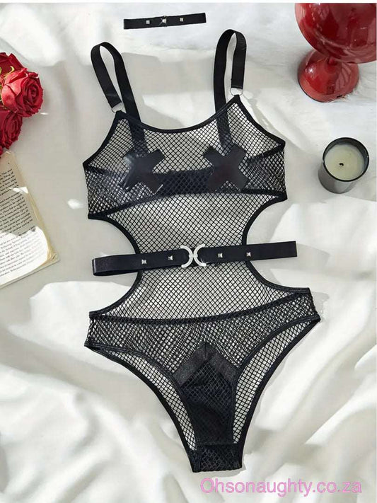 Elegant Black Mesh Bodysuit with X Detail Oh So Naughty