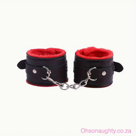 Unisex Sexy Fuzzy Handcuffs Black and Red Oh So Naughty