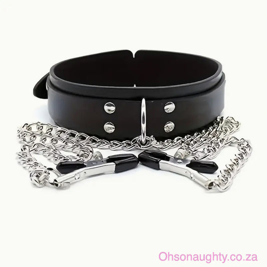 PU Leather BDSM Choker with Adjustable Nipple Clamps - 52cm Oh So Naughty