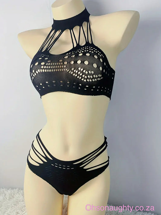 Jacquard Fishnet Lingerie Set, Halter Cami Bra & High Rise Bottoms Oh So Naughty