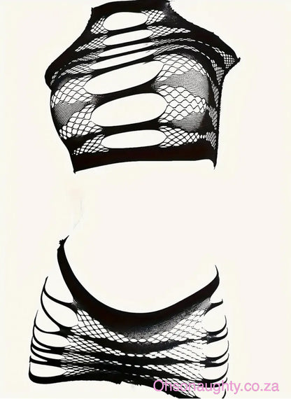 Sexy Black Lace Bodysuit with Crochet Details and High-Waisted Shorts Oh So Naughty