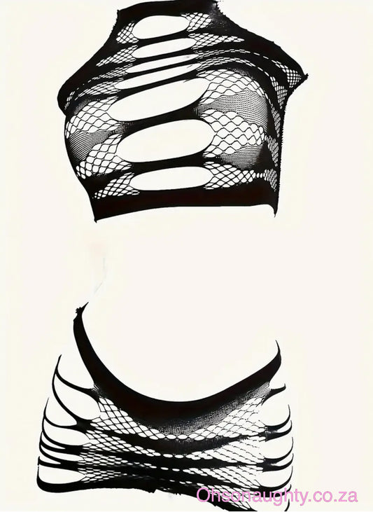 Sexy Black Lace Bodysuit with Crochet Details and High-Waisted Shorts Oh So Naughty