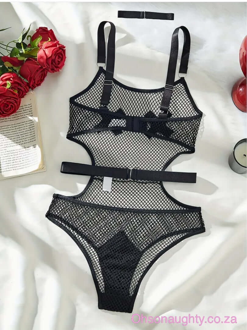 Elegant Black Mesh Bodysuit with X Detail Oh So Naughty