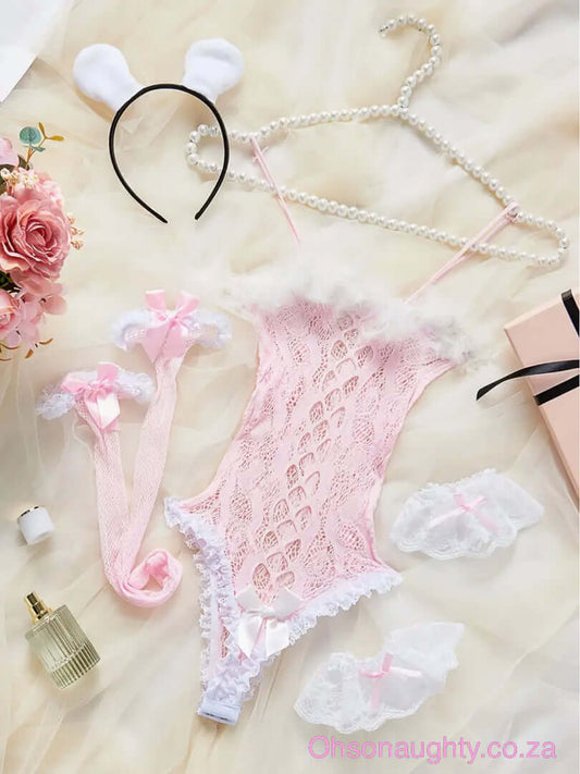 Sexy Pink Lingerie Includes Headband, Clothes, Bracelet, Fishnet Stockings Oh So Naughty