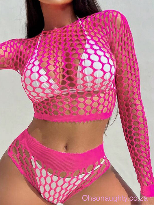 Hot Pink Lace Mesh Temptation Tight Sexy Mesh Suit