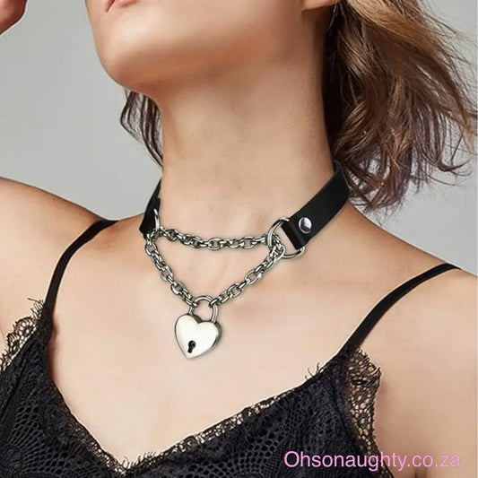 Sexy Black PU Leather Choker with Heart Lock Pendant Oh So Naughty