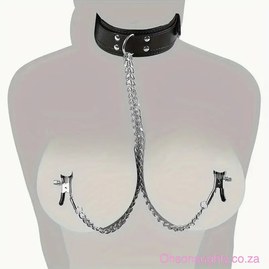 PU Leather BDSM Choker with Adjustable Nipple Clamps - 52cm Oh So Naughty