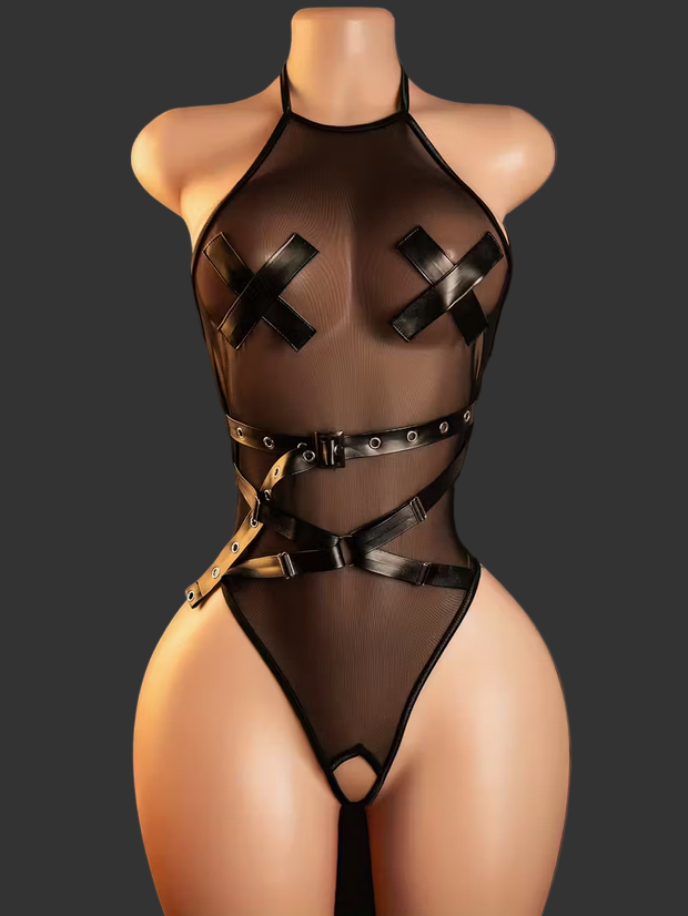 Sexy Mesh Bodysuit with Pu Trimming - crotchless Oh So Naughty